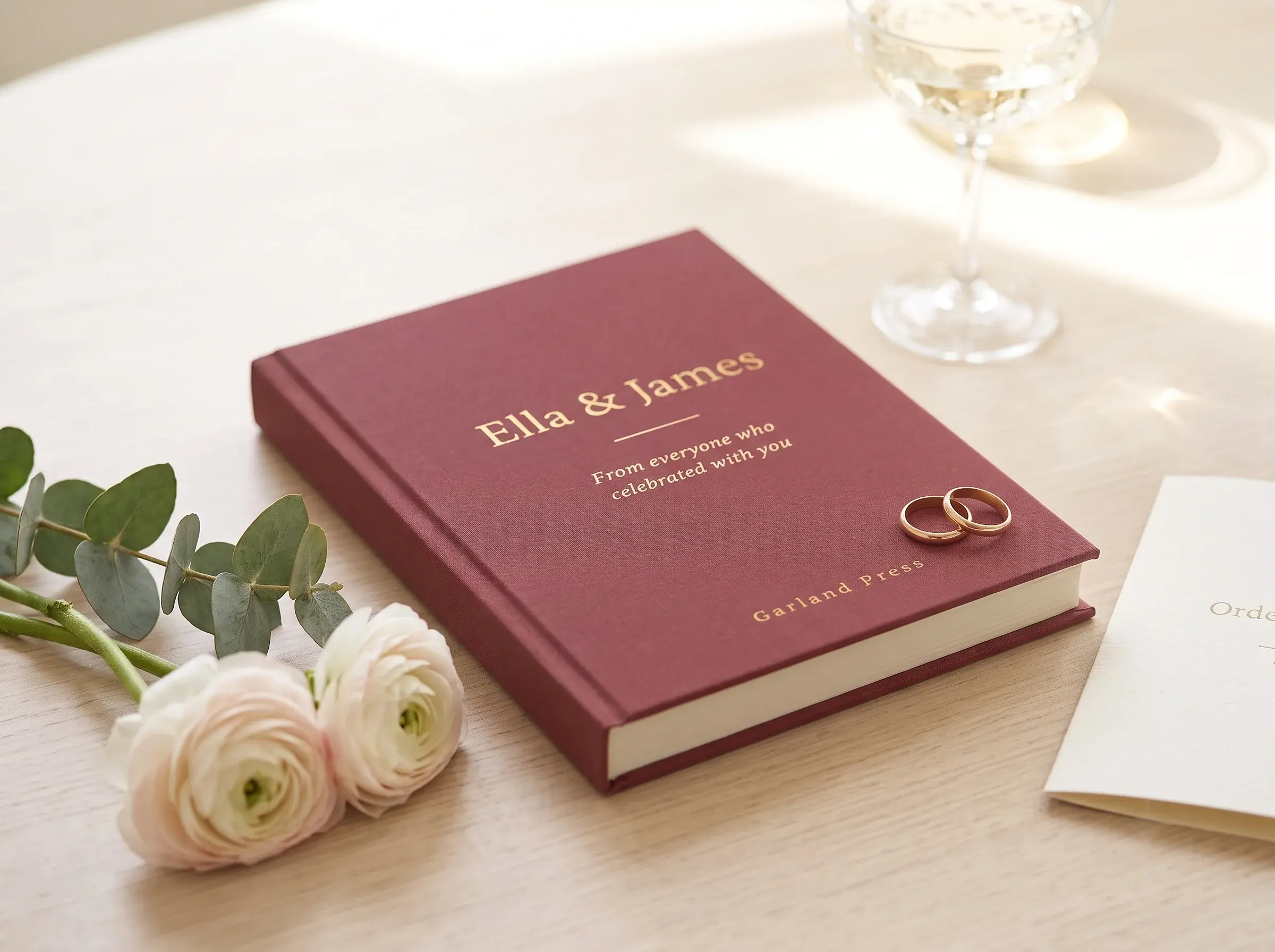 A burgundy cloth-bound keepsake book titled Ella & James in gold foil, subtitled 'From everyone who celebrated with you', with the Garland Press imprint below