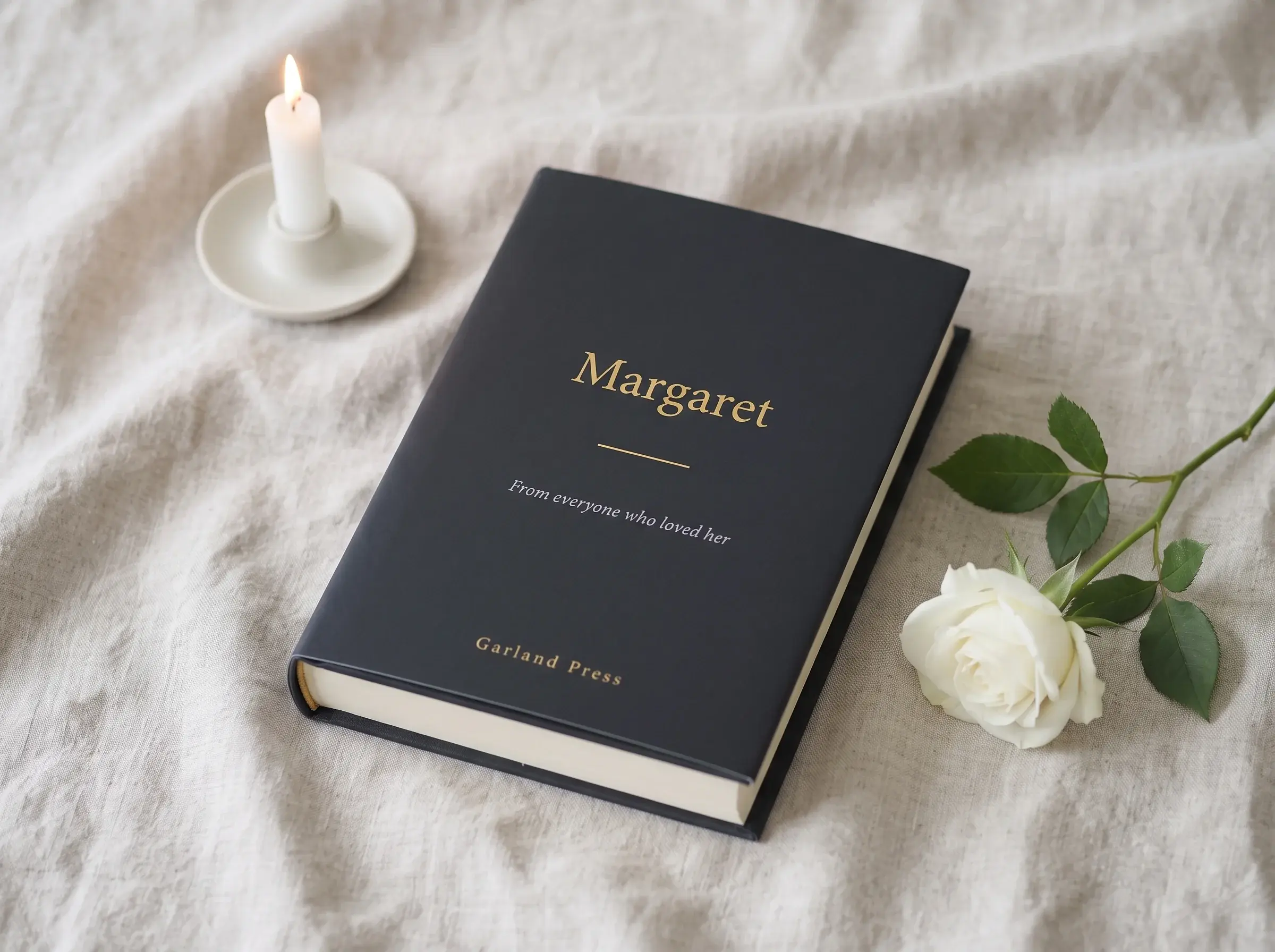 A charcoal cloth-bound keepsake book titled Margaret in gold foil, subtitled 'From everyone who loved her', with the Garland Press imprint below