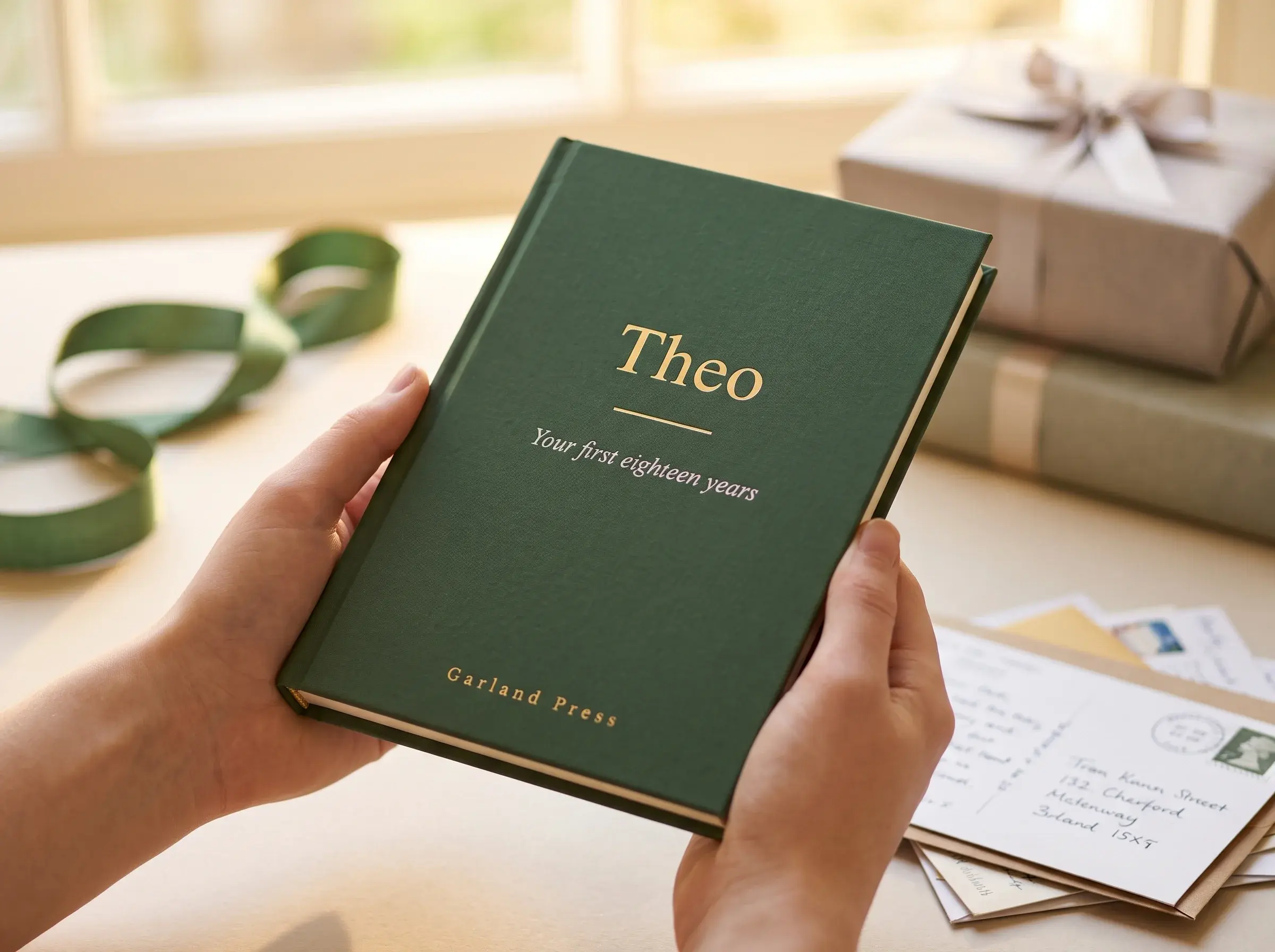 A forest-green cloth-bound keepsake book titled Theo in gold foil, subtitled 'From everyone who watched you grow up', with the Garland Press imprint below