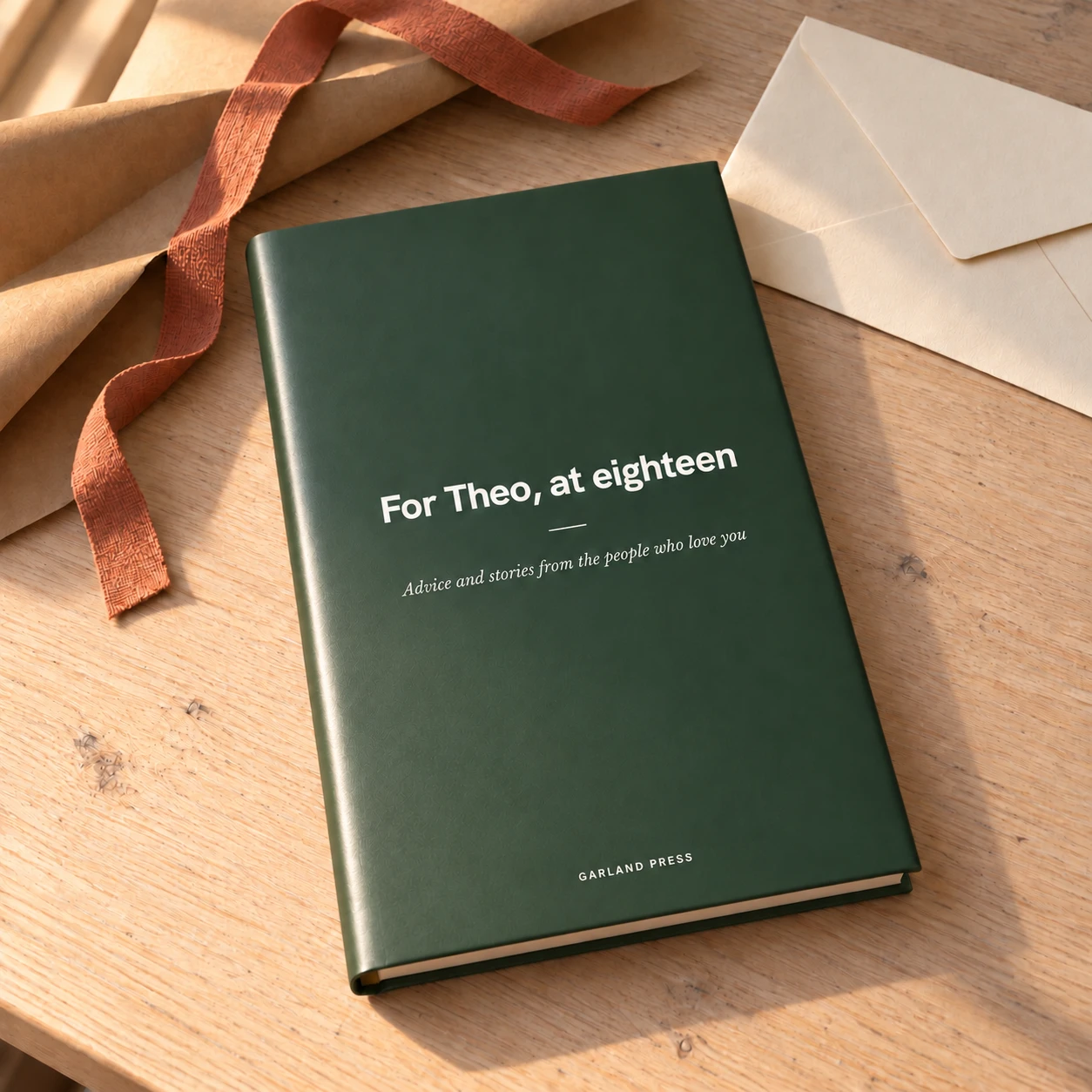 A Forest cloth hardback in its jacket, “For Theo, at eighteen”, lying on a table in afternoon sun beside its unwrapped paper and ribbon