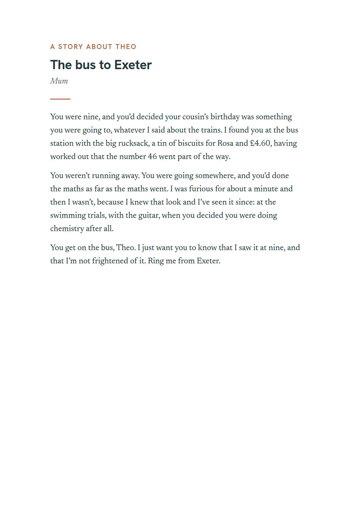 The opening of the chapter The bus to Exeter, by Mum, answering: Tell a story about Theo that you hope they never forget.