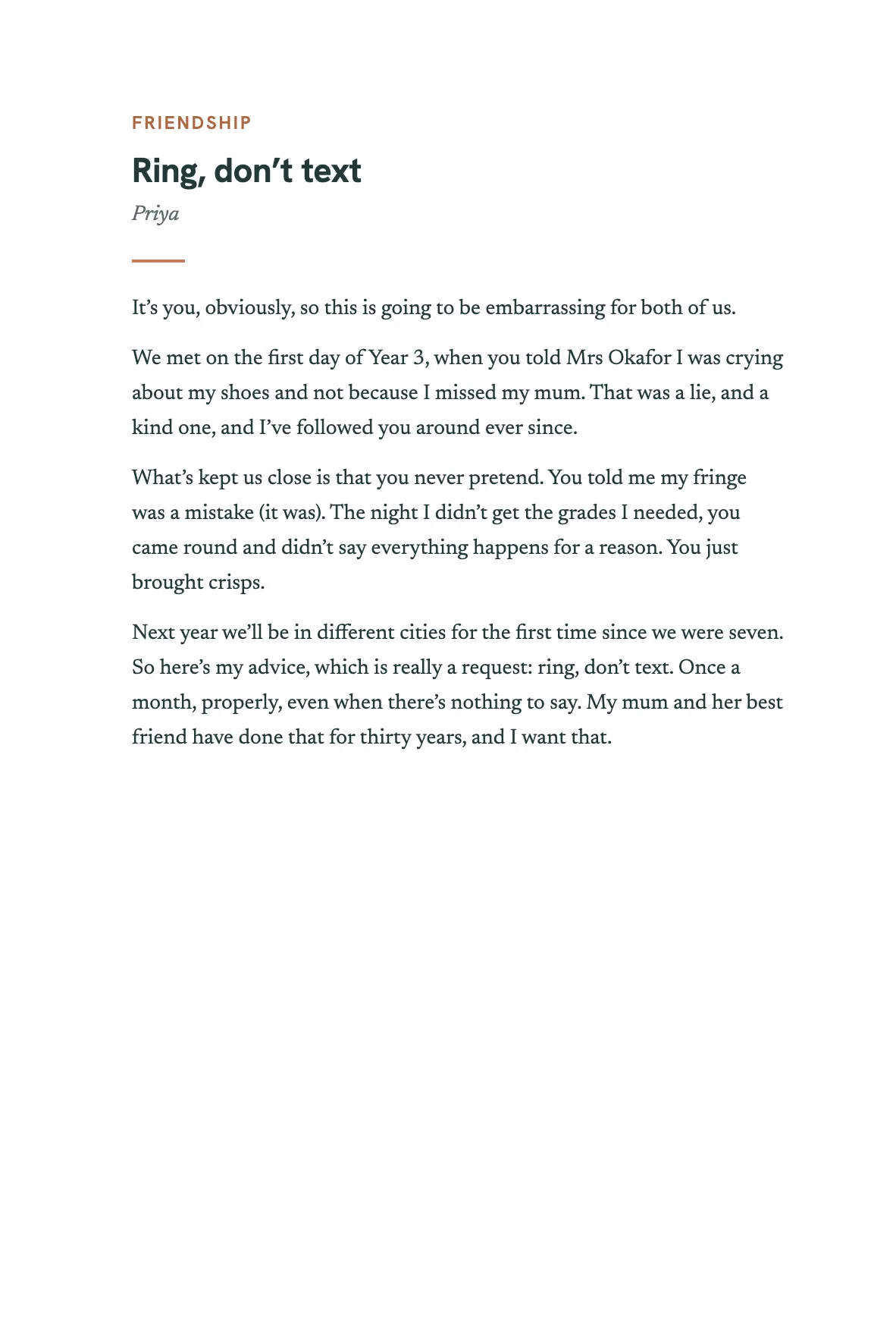 The opening of the chapter Ring, don’t text, by Priya, answering: Who’s the friend you’ve known longest, and what’s kept you close?