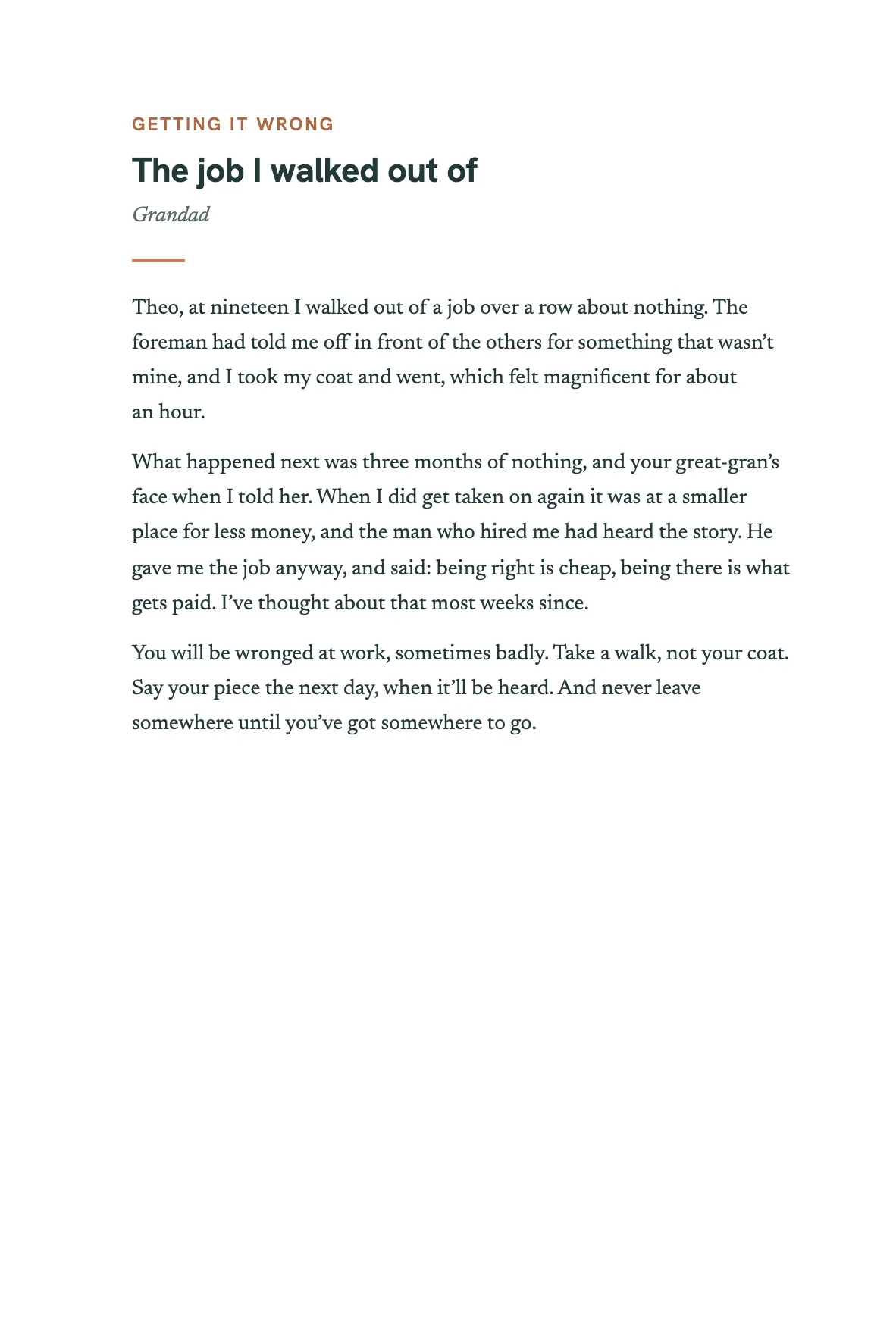 The opening of the chapter The job I walked out of, by Grandad, answering: Tell Theo about a time you got something badly wrong at around their age, and what happened next.