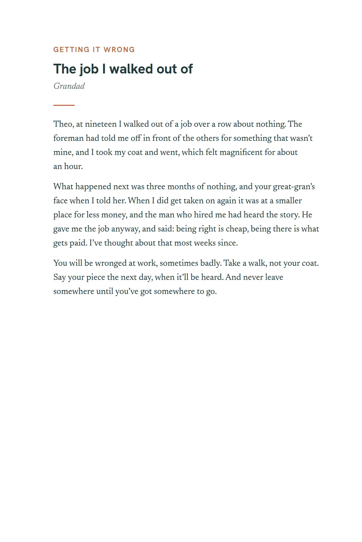 The opening of the chapter The job I walked out of, by Grandad, answering: Tell Theo about a time you got something badly wrong at around their age, and what happened next.
