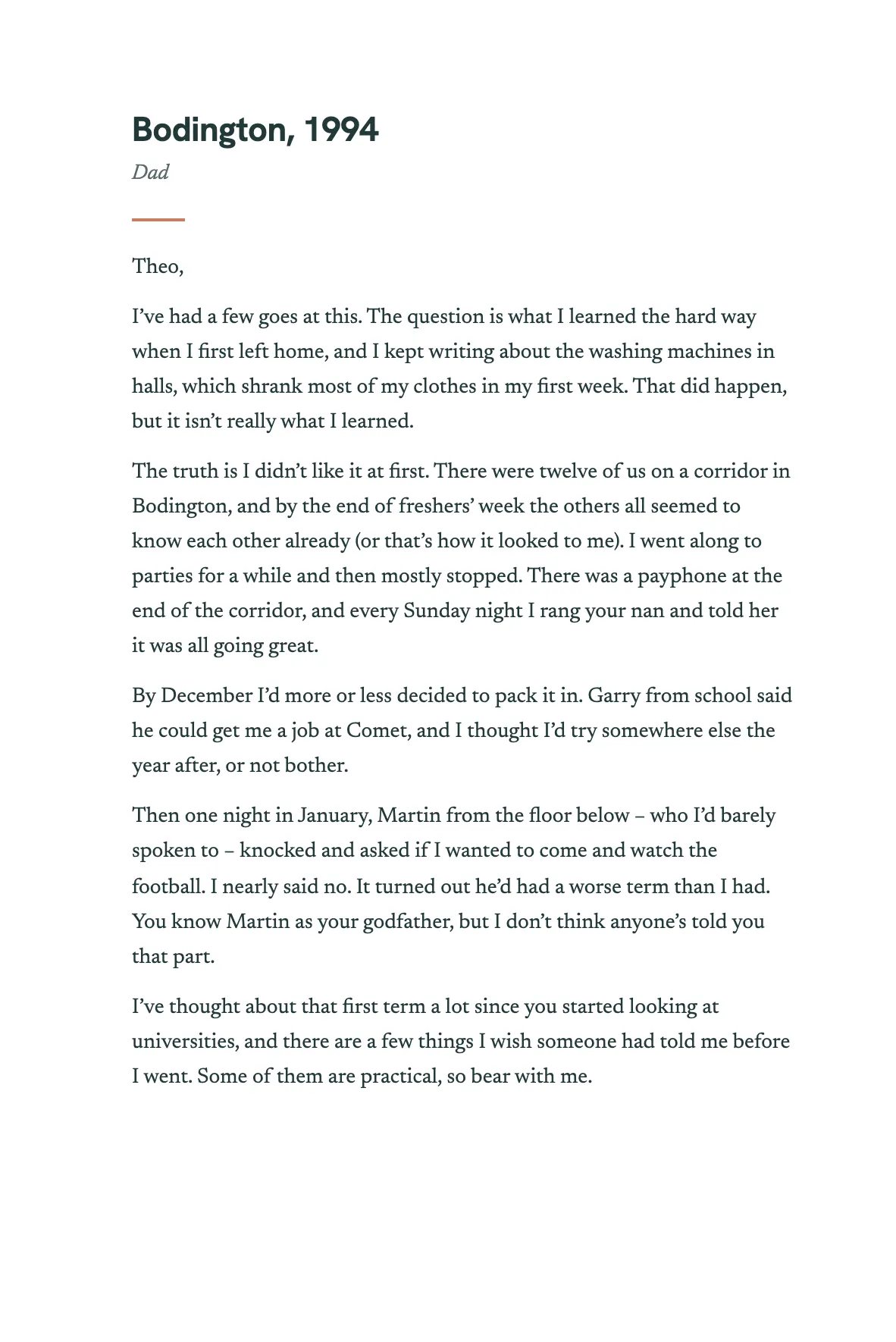 The opening of the chapter Bodington, 1994, by Dad, answering: What did you learn the hard way when you first lived away from home?