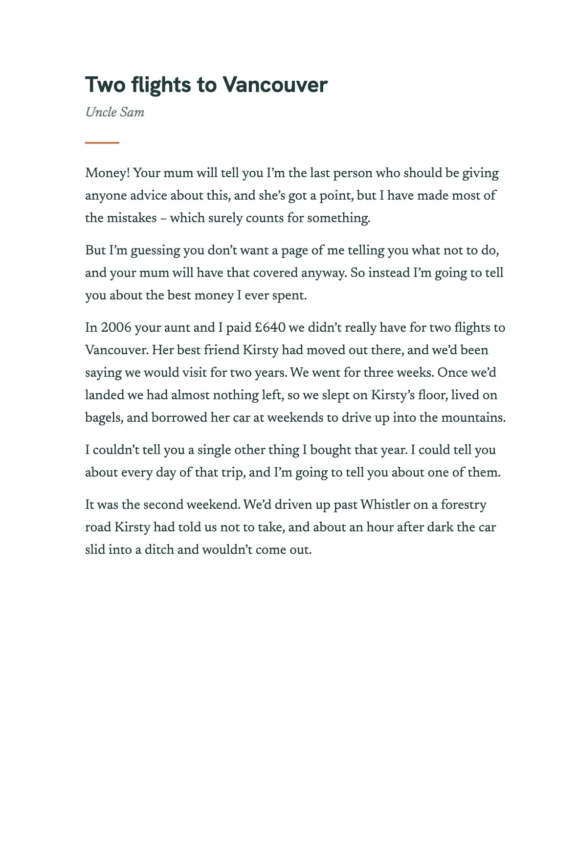 The opening of the chapter Two flights to Vancouver, by Uncle Sam, answering: What do you know about money now that you wish someone had told you at 18?