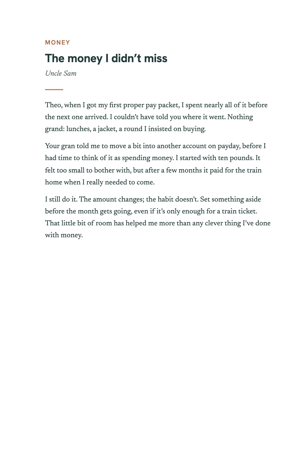 The opening of the chapter The money I didn’t miss, by Uncle Sam, answering: What do you know about money now that you wish someone had told you at 18?