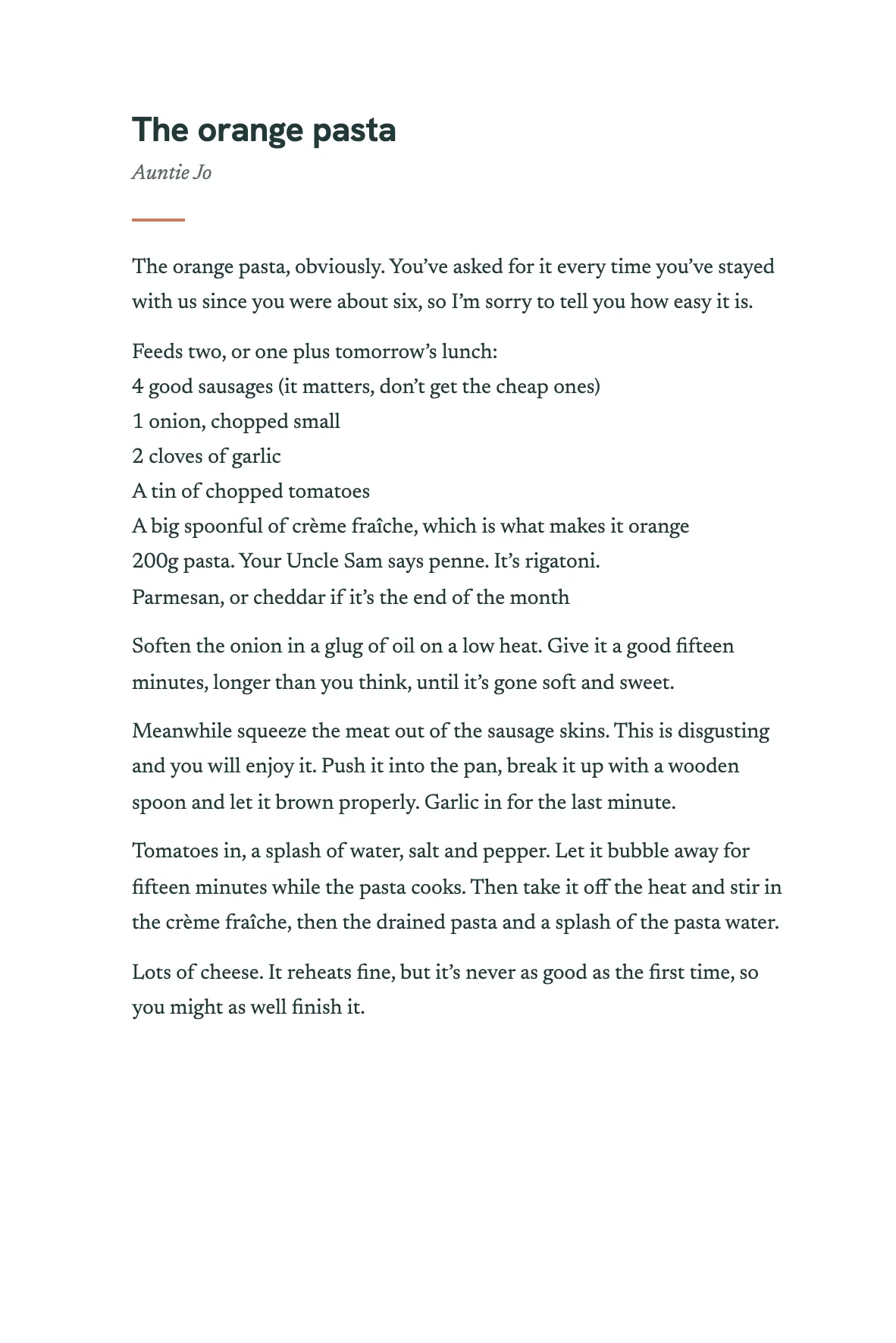 The opening of the chapter The orange pasta, by Auntie Jo, answering: What’s one thing Theo should know how to cook, and how do you make it?