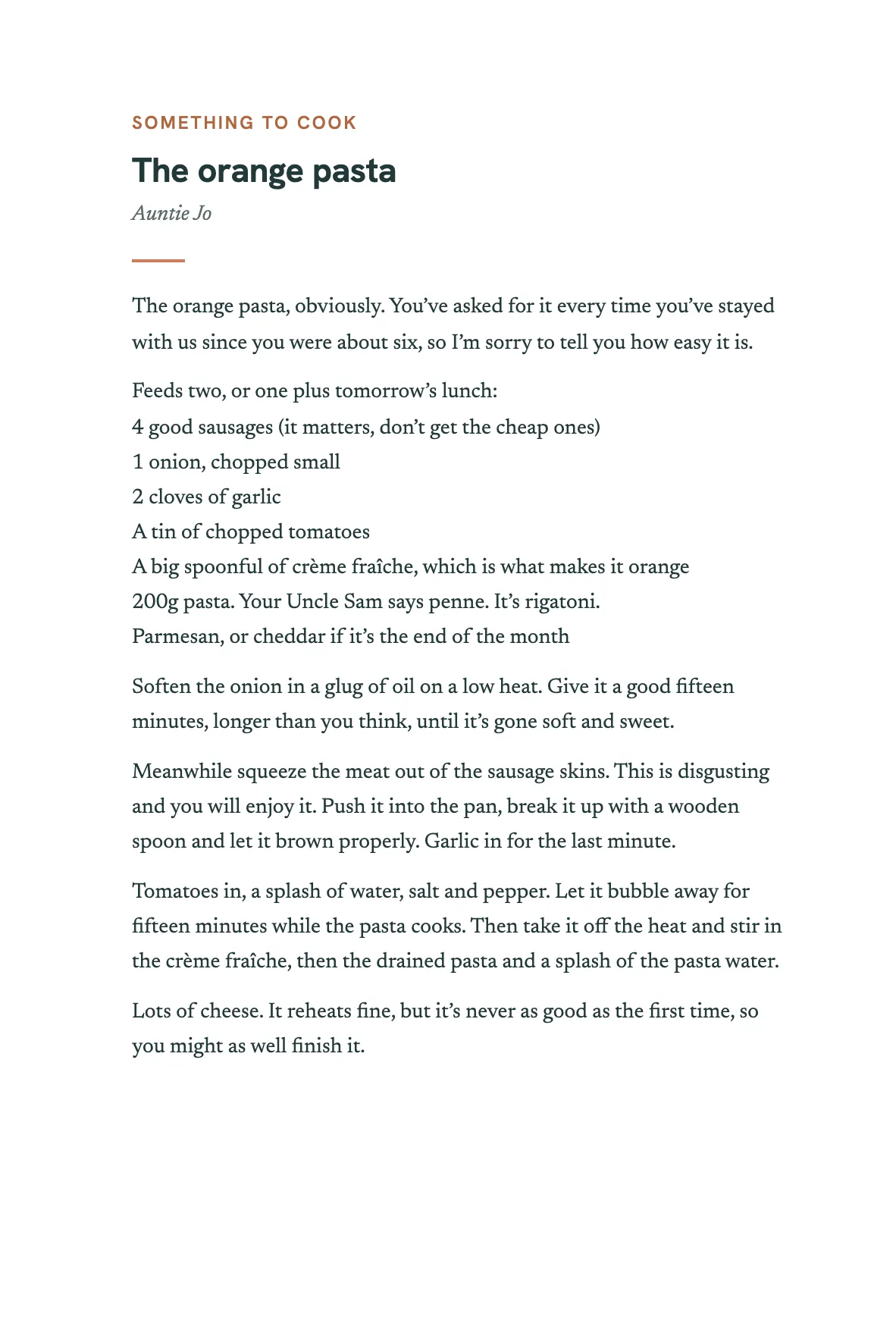 The opening of the chapter The orange pasta, by Auntie Jo, answering: What’s one thing Theo should know how to cook, and how do you make it?