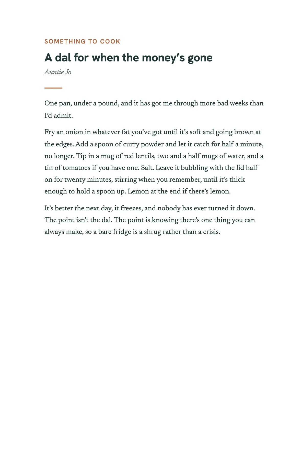 The opening of the chapter A dal for when the money’s gone, by Auntie Jo, answering: What’s one thing Theo should know how to cook, and how do you make it?