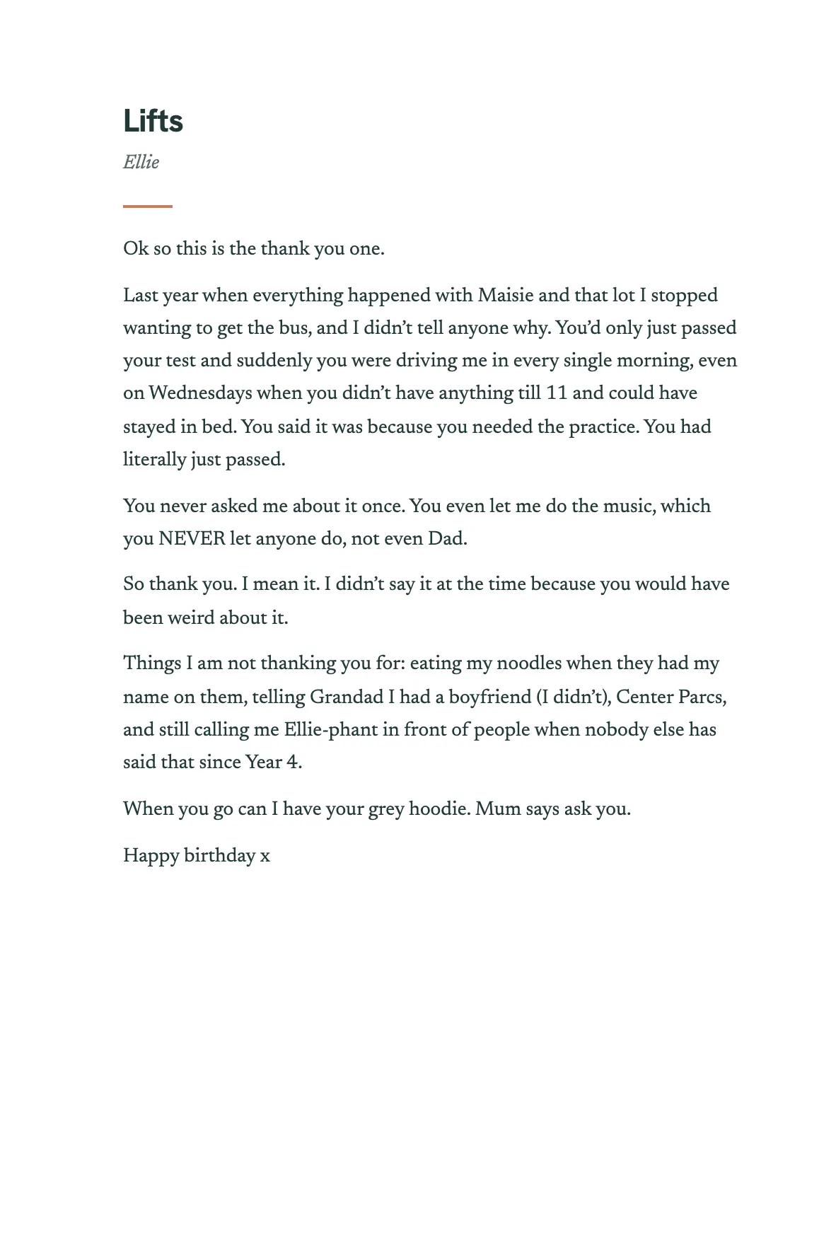The opening of the chapter Lifts, by Ellie, answering: What has Theo done for you that you’ve never properly thanked them for?